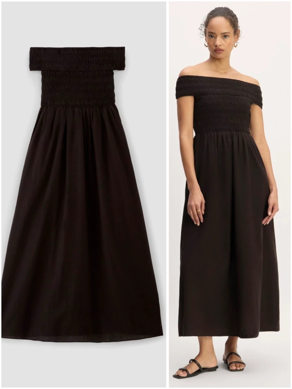 Everlane Gauze Off Shoulder Maxi Dress Black Smocked Organic Cotton Large NWT